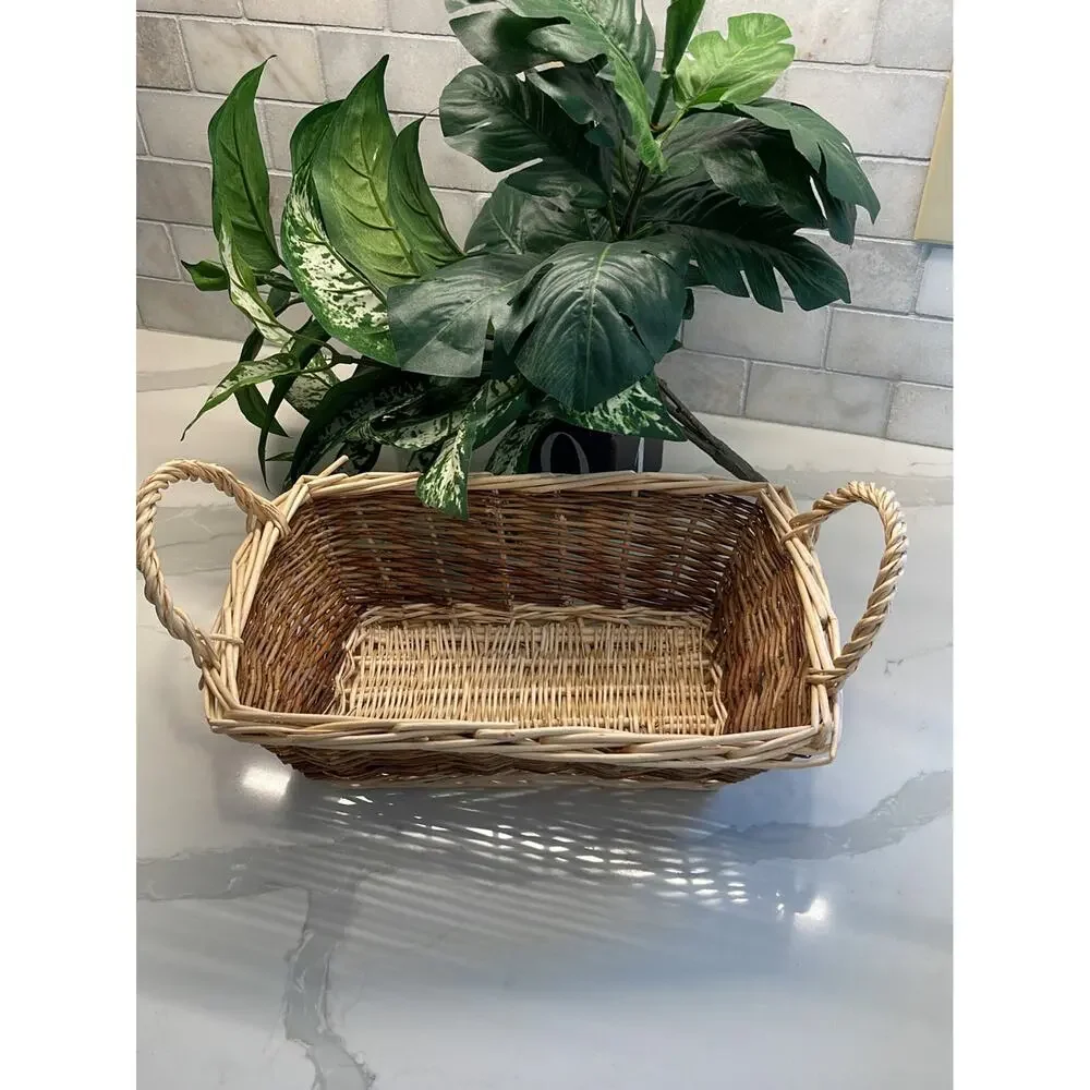 Wicker Basket with Handles Brown and Tan Rectangle